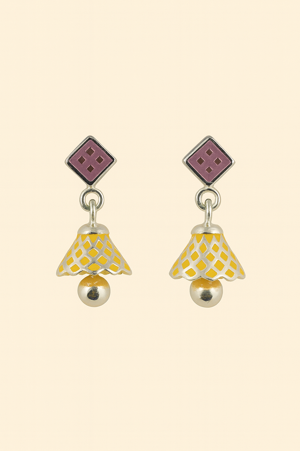 925 Silver Enamel Dangler Earrings in Mustard Yellow & Plum Diamond Motif