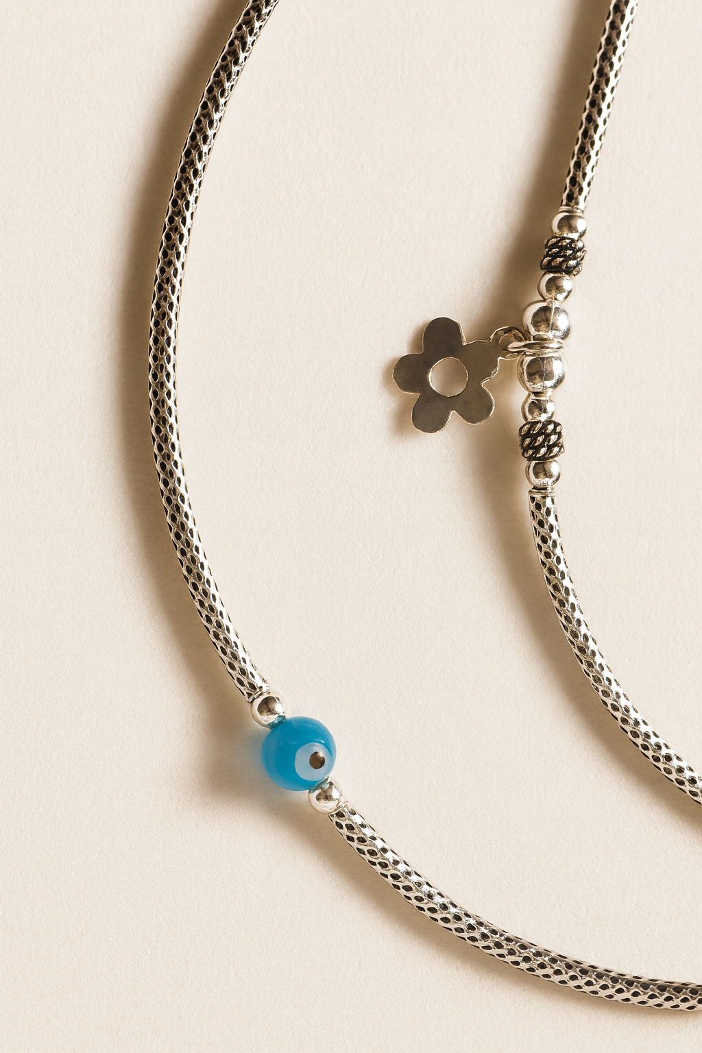 Blue Aura Evil Eye Anklets – 925 Sterling Silver with Floral Charm (Pair)
