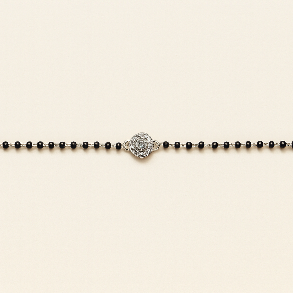 Aarvi – 925 Silver Black Bead Anklet with CZ Halo Charm (Pair)