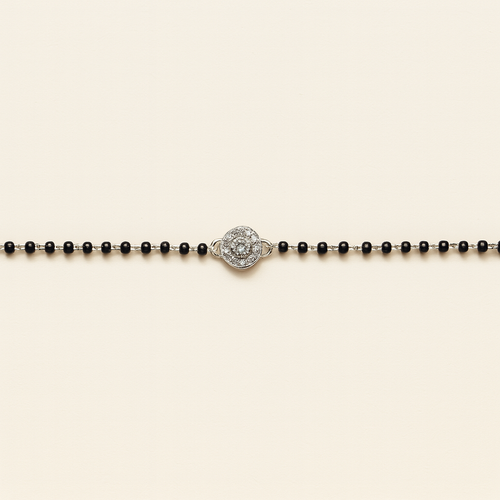 Aarvi – 925 Silver Black Bead Anklet with CZ Halo Charm (Pair)