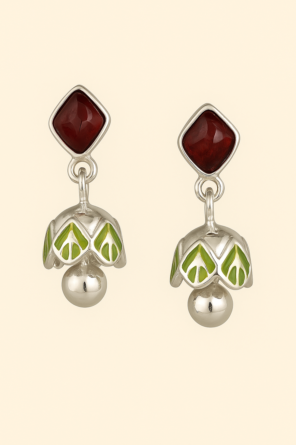 925 Silver Leaf Enamel Jhumka Earrings – Red & Green Handcrafted Dangle