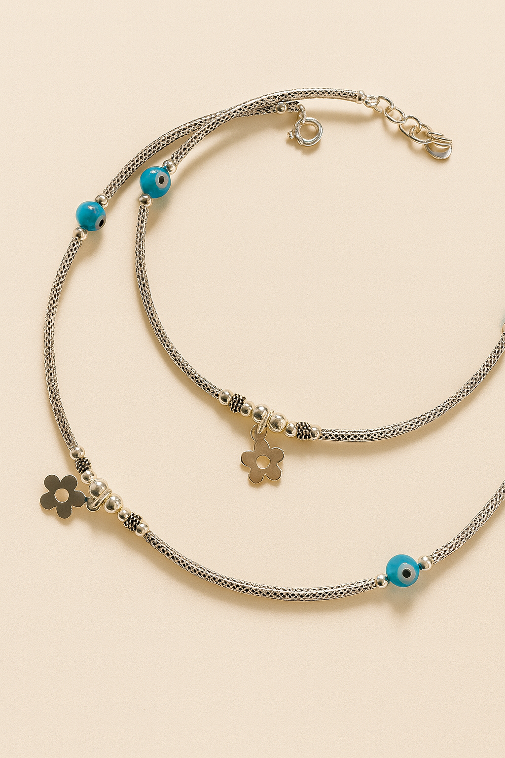 Blue Aura Evil Eye Anklets – 925 Sterling Silver with Floral Charm (Pair)