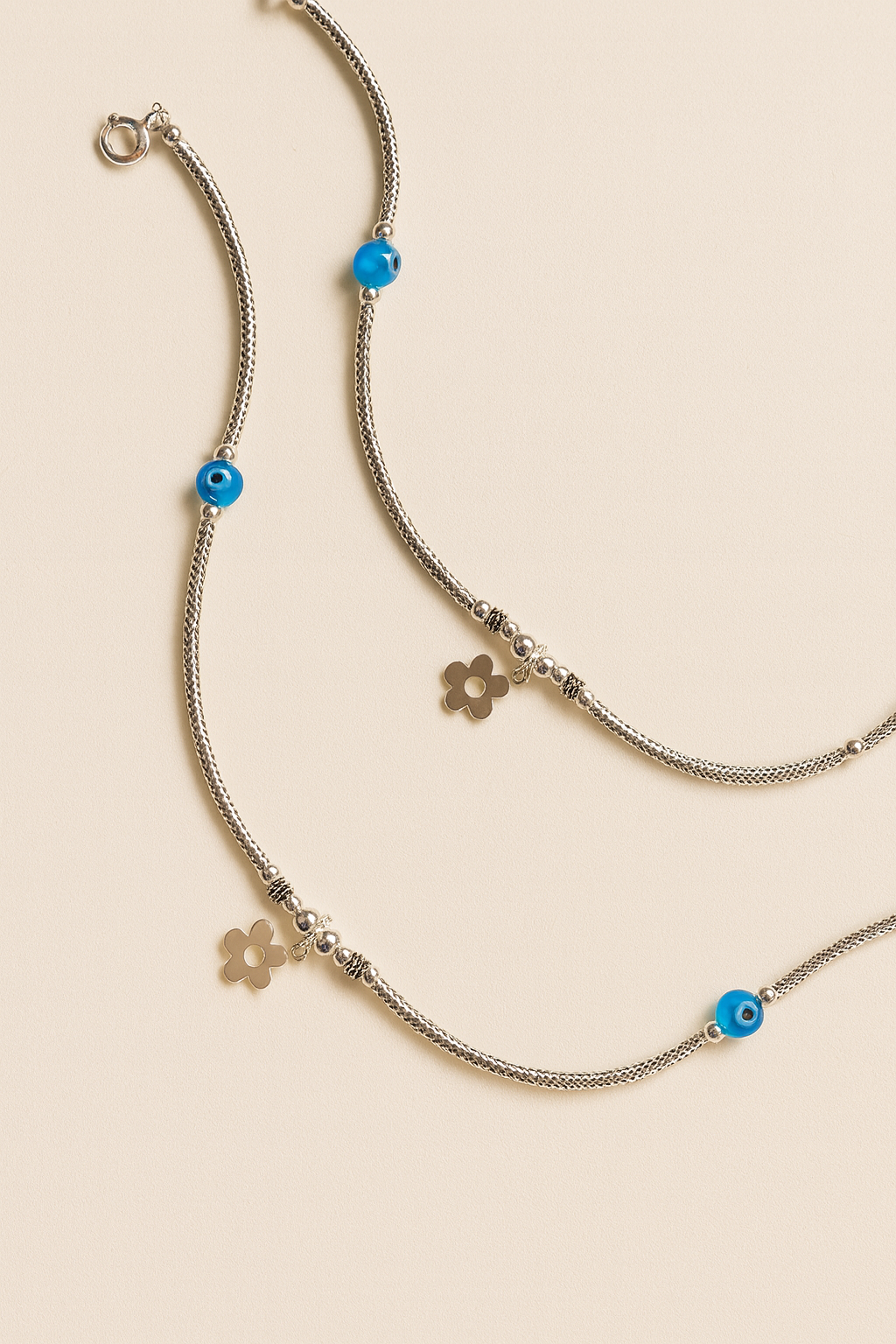 Blue Aura Evil Eye Anklets – 925 Sterling Silver with Floral Charm (Pair)