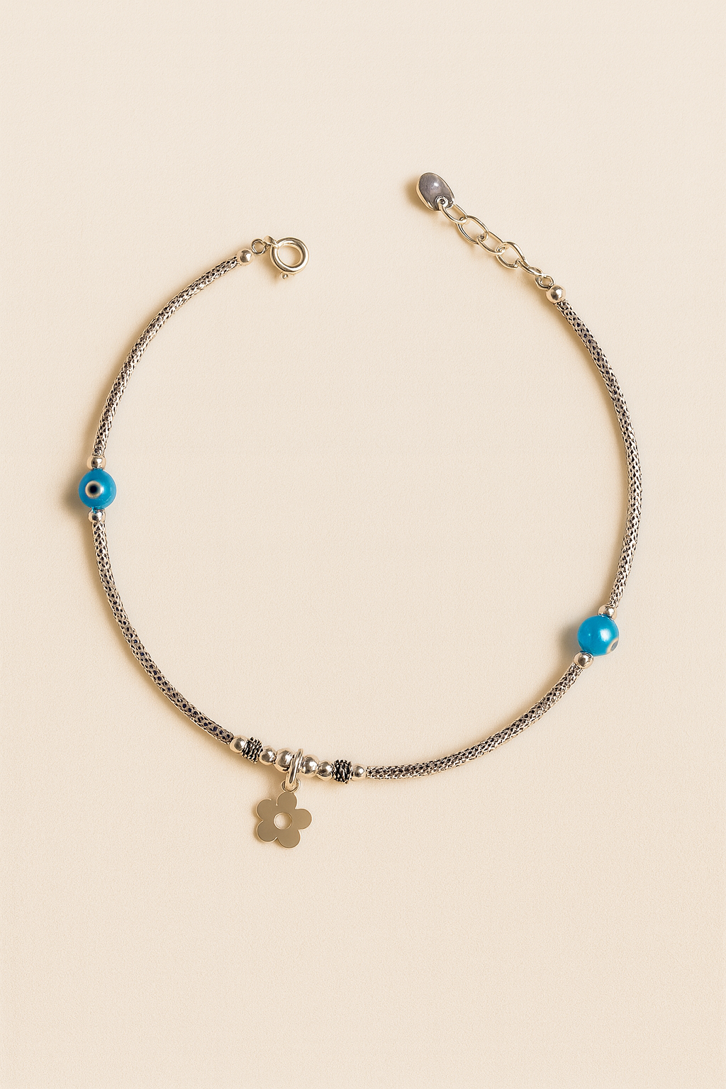 Blue Aura Evil Eye Anklets – 925 Sterling Silver with Floral Charm (Pair)