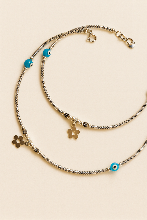 Blue Aura Evil Eye Anklets – 925 Sterling Silver with Floral Charm (Pair)