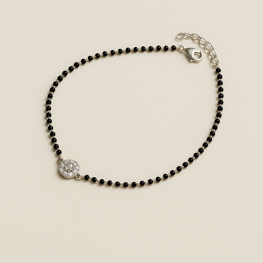 Aarvi – 925 Silver Black Bead Anklet with CZ Halo Charm (Pair)