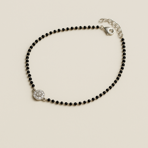Aarvi – 925 Silver Black Bead Anklet with CZ Halo Charm (Pair)