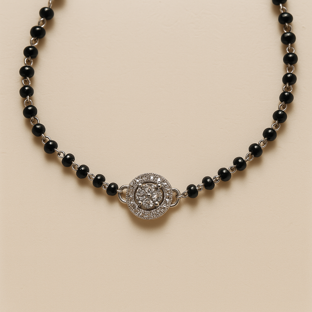 Aarvi – 925 Silver Black Bead Anklet with CZ Halo Charm (Pair)