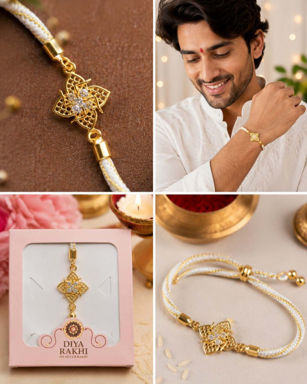 925 Sterling Silver Floral Designer Rakhi for Brother – Adjustable CZ Stone Raksha Bandhan Bracelet