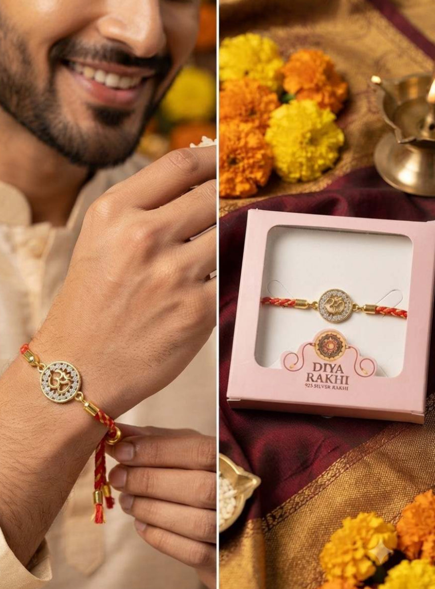 925 Sterling Silver Om Halo Rakhi for Brother – Adjustable CZ Stone Raksha Bandhan Bracelet