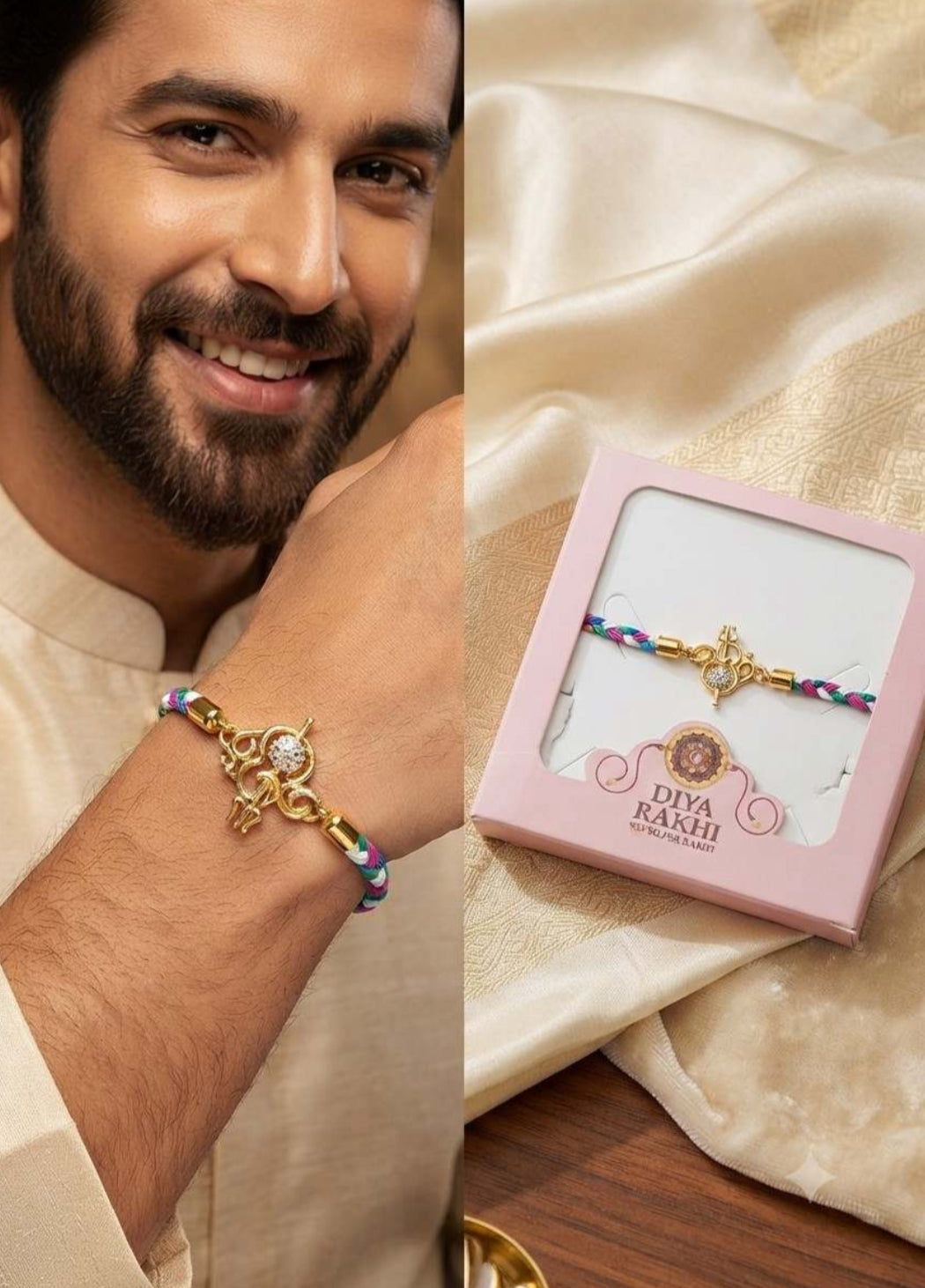 925 Sterling Silver Trishul Damru Rakhi for Brother – Adjustable CZ Stone Raksha Bandhan Bracelet
