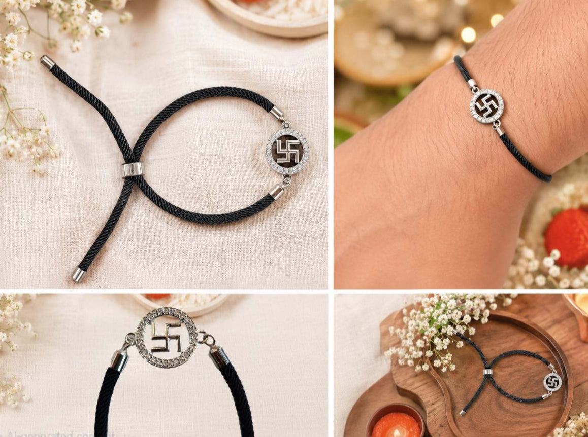 925 Sterling Silver Swastik Rakhi for Brother – Adjustable CZ Stone Raksha Bandhan Bracelet