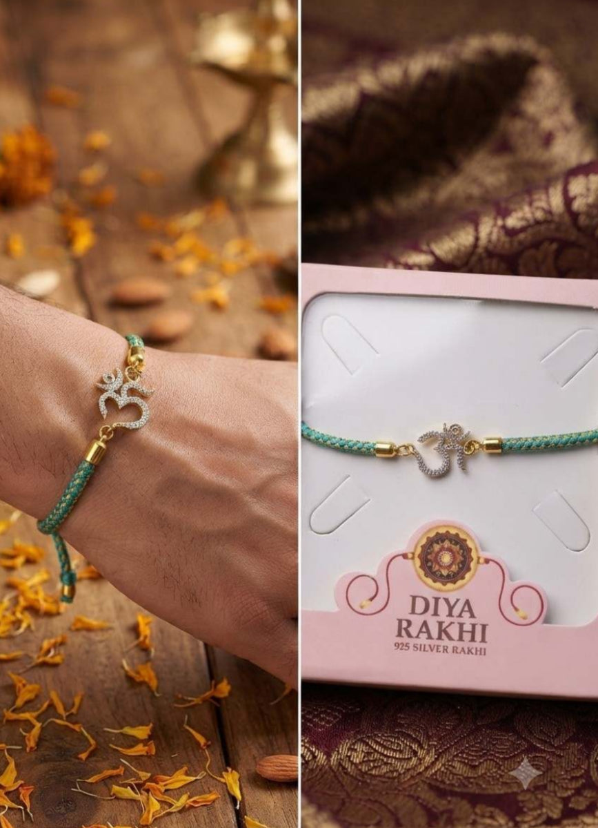 925 Sterling Silver Om Trishul Rakhi for Brother – Adjustable CZ Stone Raksha Bandhan Bracelet