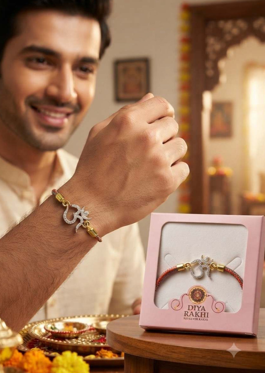 925 Silver Om Designer Rakhi for Brother – Adjustable Sterling Silver Raksha Bandhan Bracelet with CZ Stones
