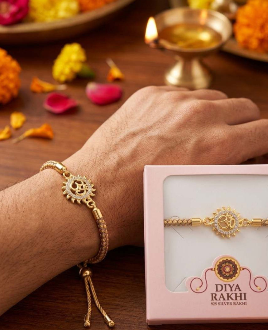 925 Sterling Silver Sun Om Rakhi for Brother – Adjustable CZ Stone Raksha Bandhan Bracelet