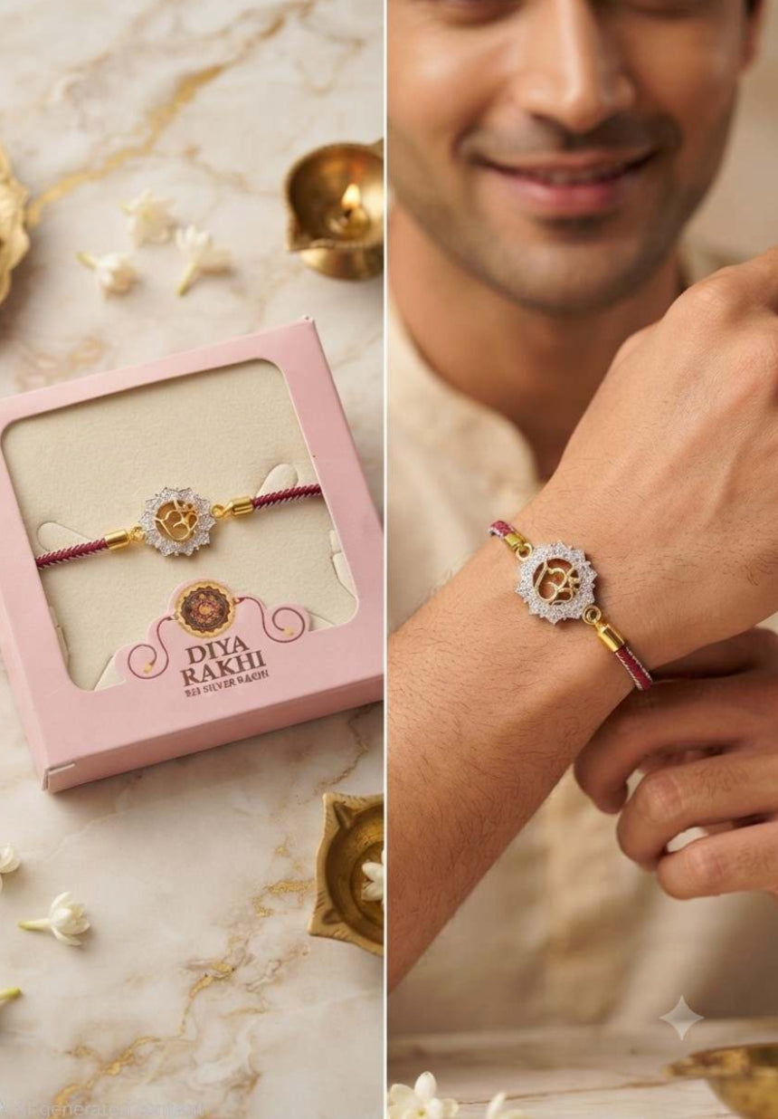925 Sterling Silver Om Halo Rakhi for Brother – Adjustable CZ Stone Raksha Bandhan Bracelet