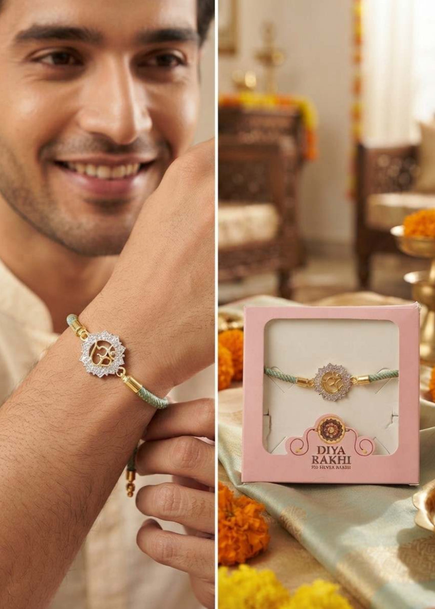 925 Silver Om Designer Rakhi with CZ Stones & Adjustable Thread