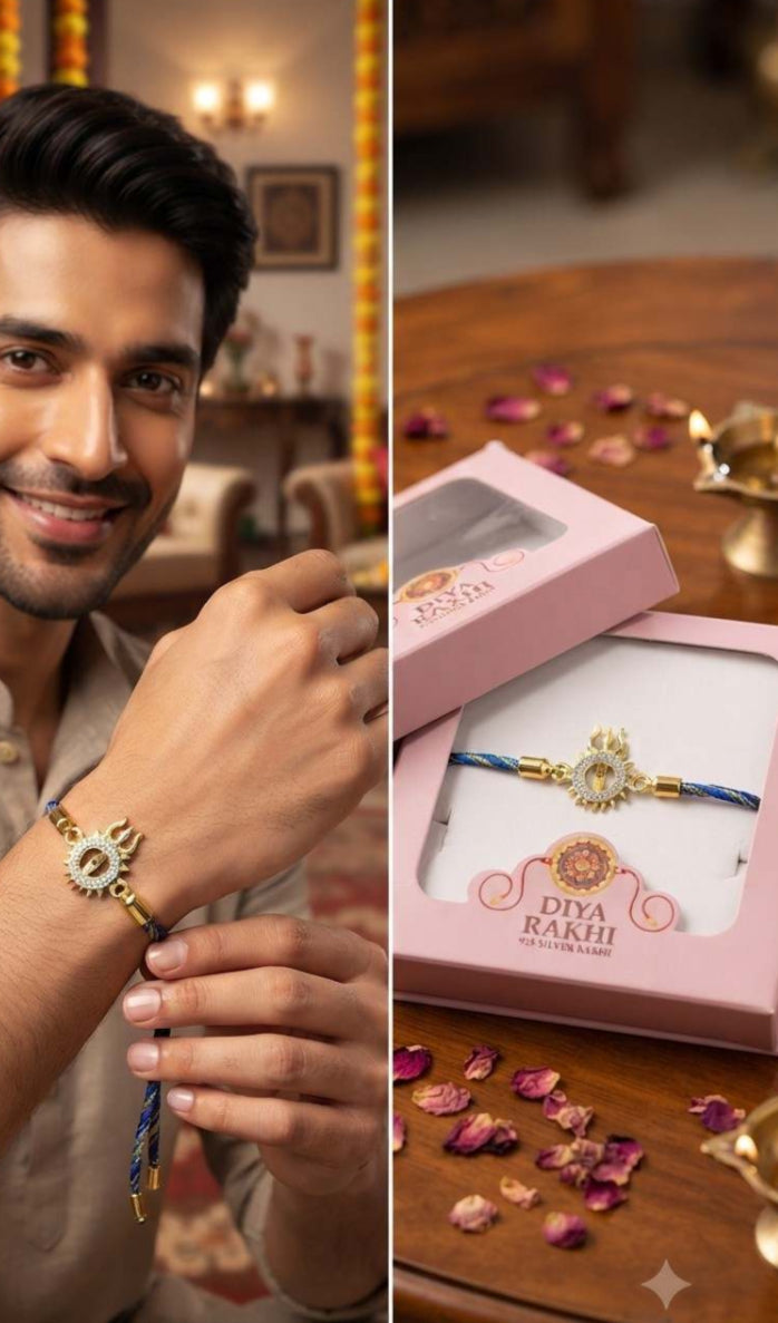 925 Sterling Silver Trishul Shivling Rakhi for Brother – Adjustable CZ Stone Raksha Bandhan Bracelet