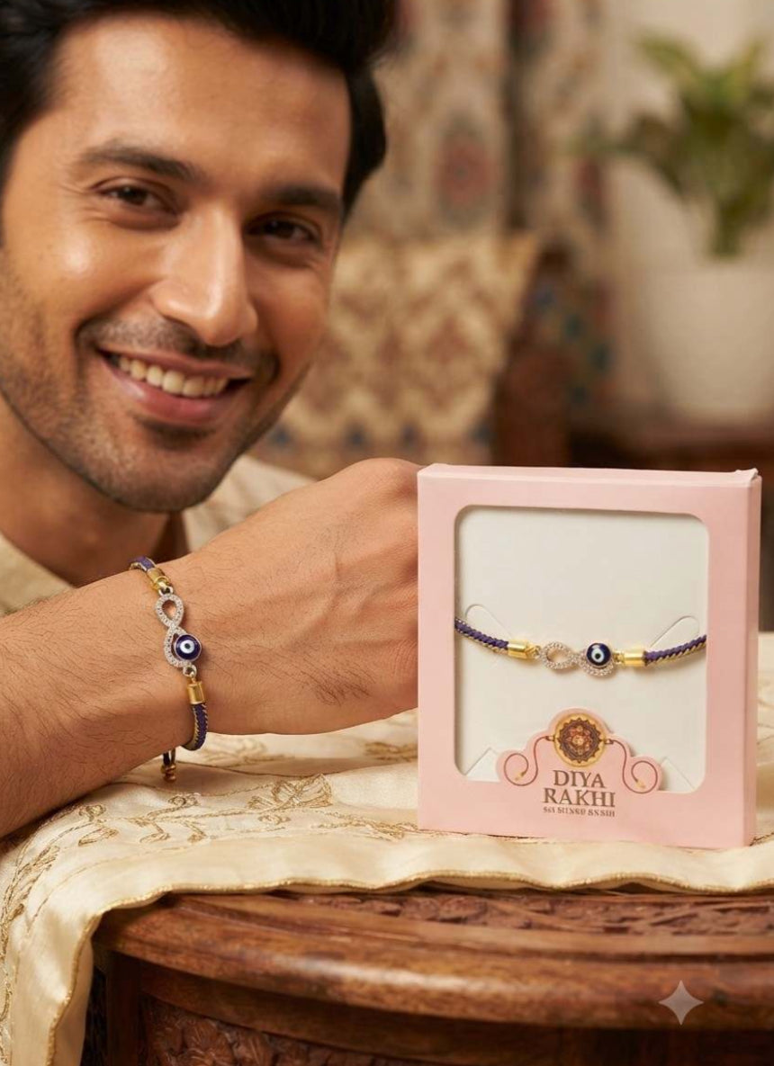 925 Silver Evil Eye Infinity Rakhi for Brother – Adjustable Designer Raksha Bandhan Bracelet