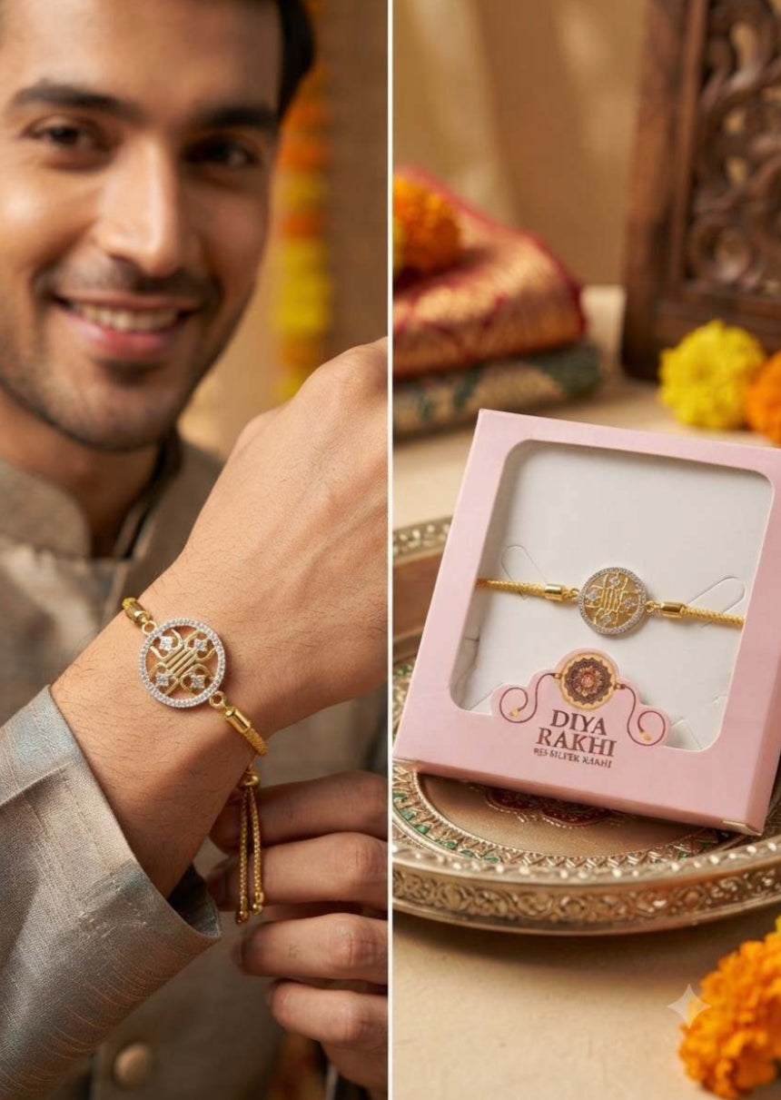 925 Sterling Silver Shree Yantra Rakhi for Brother – Adjustable CZ Stone Raksha Bandhan Bracelet