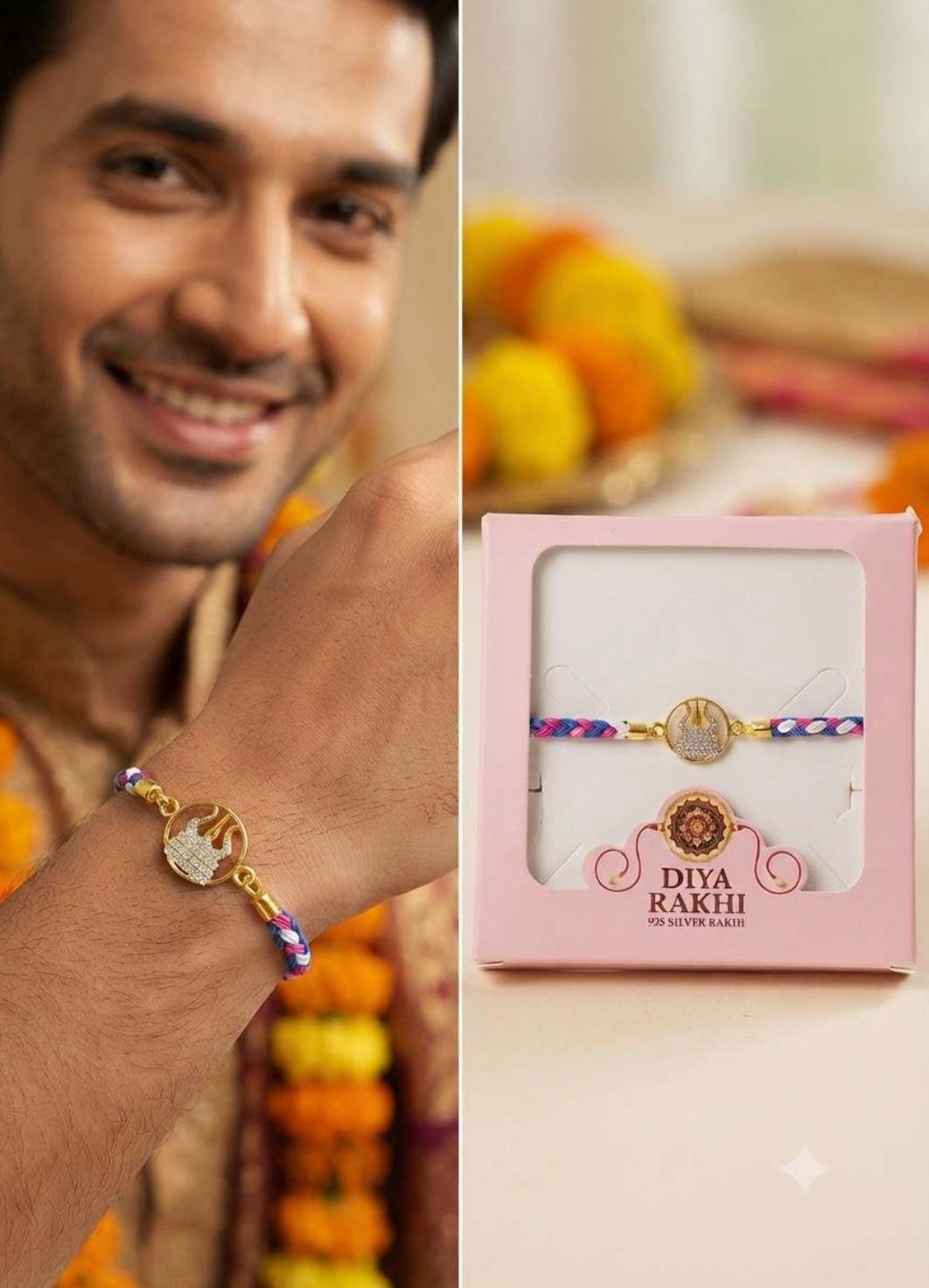 925 Silver Trishul Rakhi for Brother – Adjustable Sterling Silver Raksha Bandhan Bracelet with CZ Stones