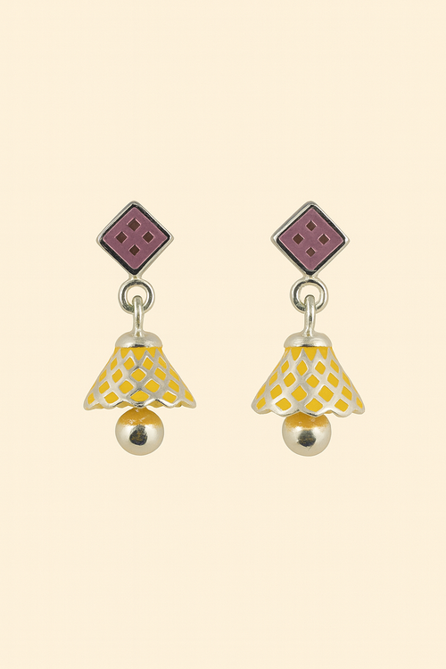 925 Silver Enamel Dangler Earrings in Mustard Yellow & Plum Diamond Motif