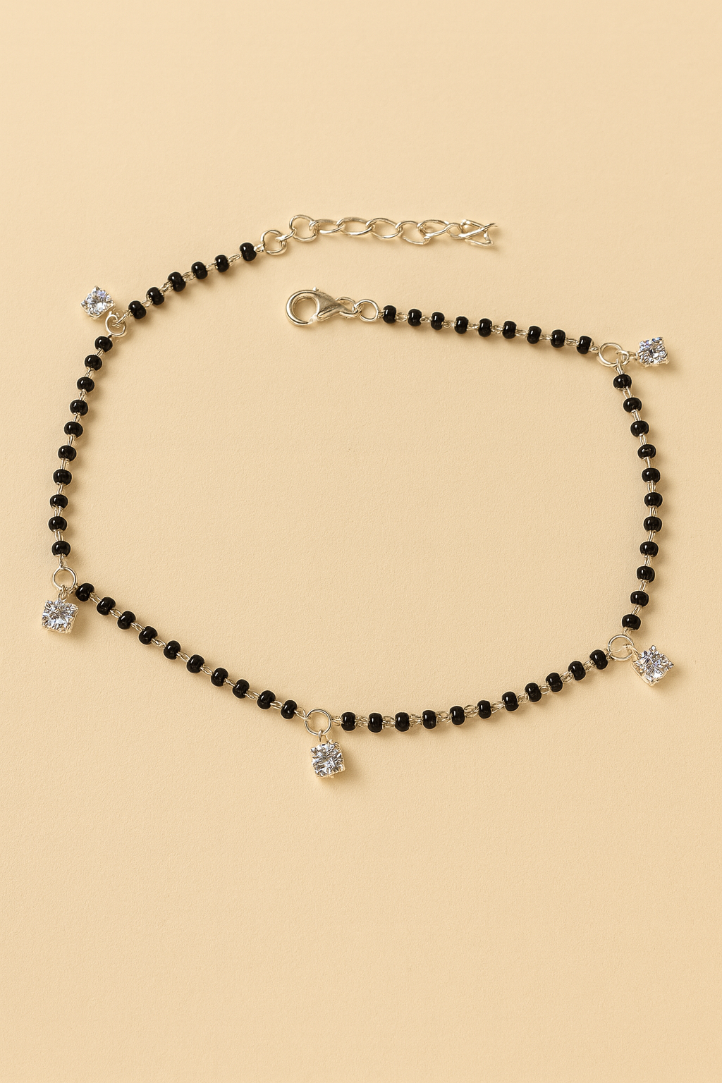 Classic 925 Silver Black Beaded Anklet Pair with CZ Charms