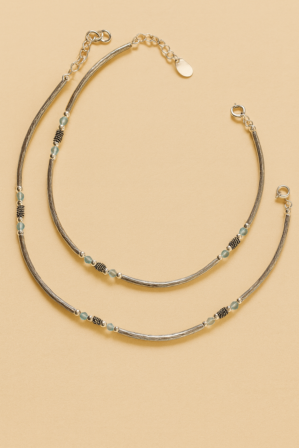 Elegant Aquamarine Beaded 925 Silver Anklet – Set of 2