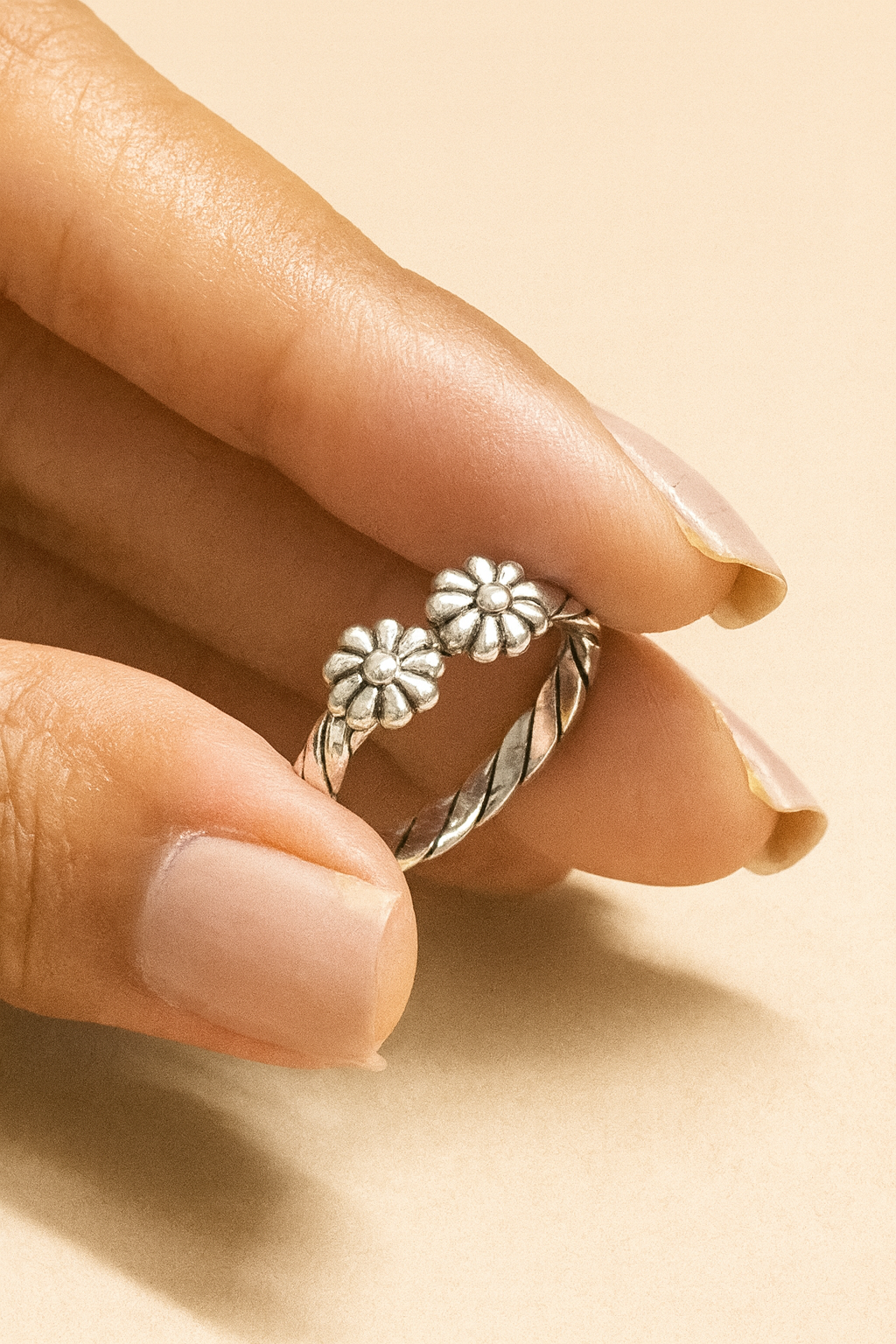 Twin Row Floral Toe Rings – 925 Sterling Silver (Adjustable Pair)
