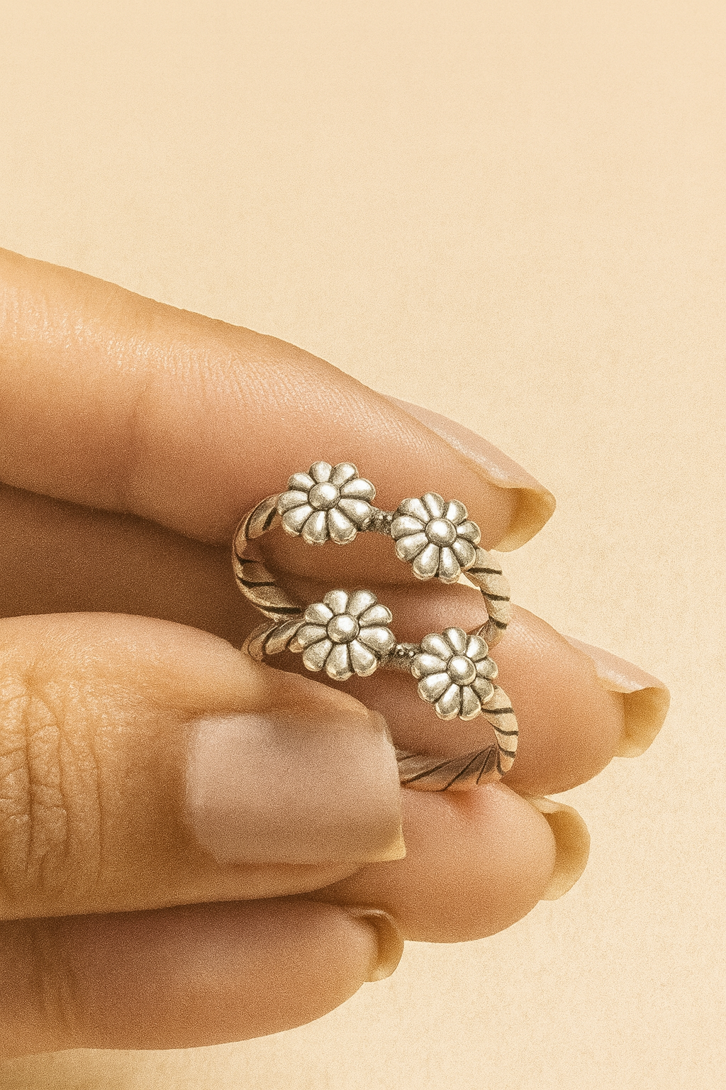 Twin Row Floral Toe Rings – 925 Sterling Silver (Adjustable Pair)