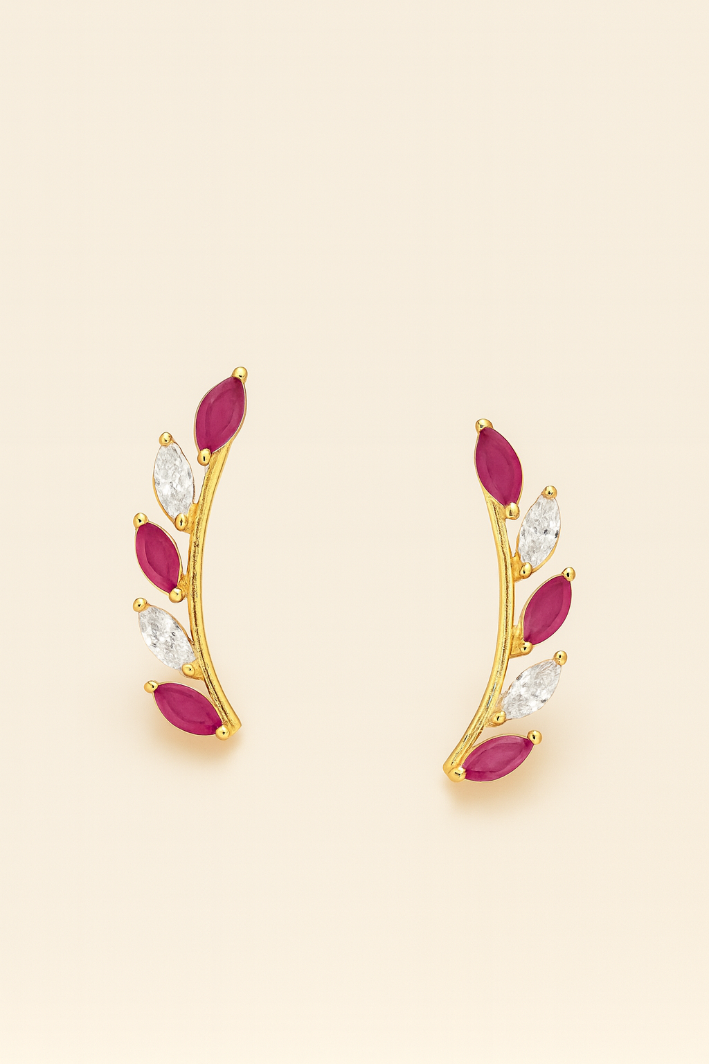 Ruby Leaf Ear Cuffs – 925 Sterling Silver, Gold Plated