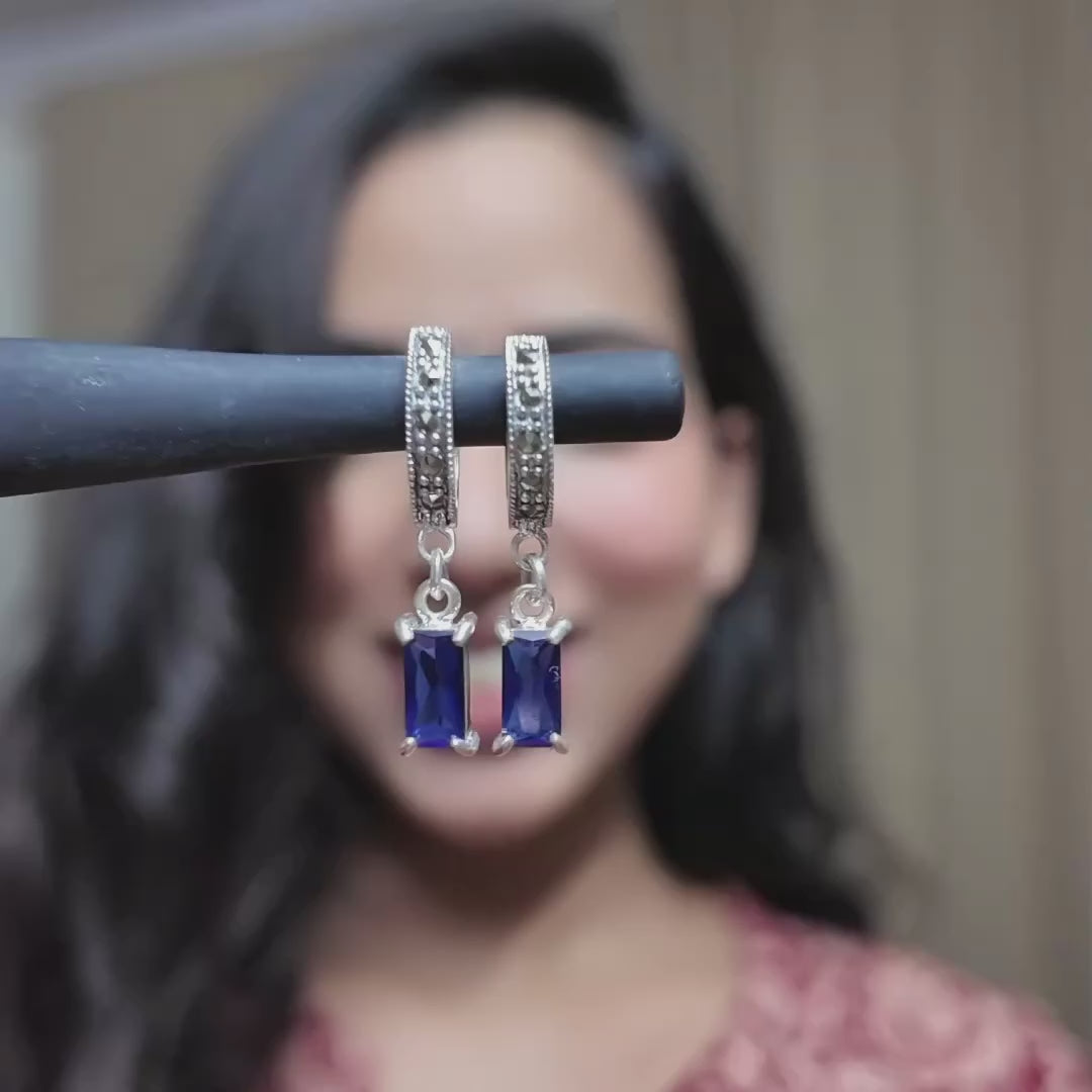 Midnight Blue Drop Hoops – 925 Sterling Silver